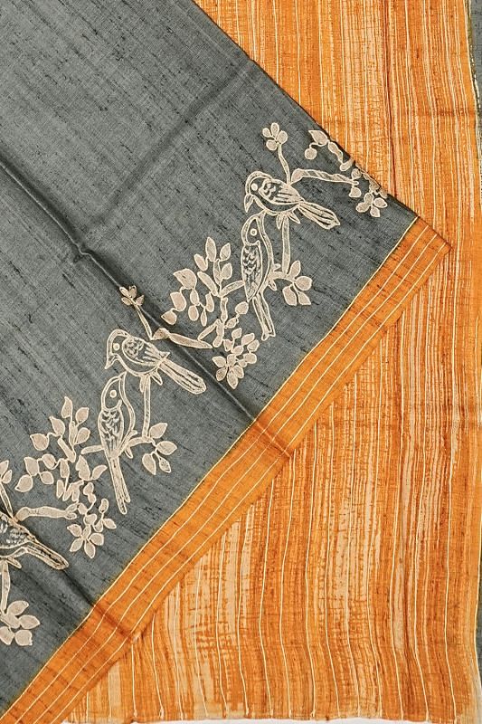 Tussar Plain Grey Saree With Aari Embroidery Outlined