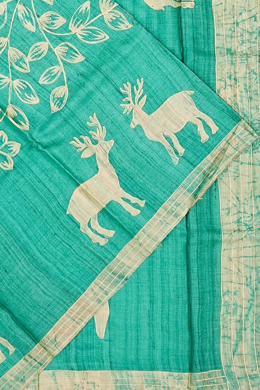 Tussar Printed Sea Green Saree