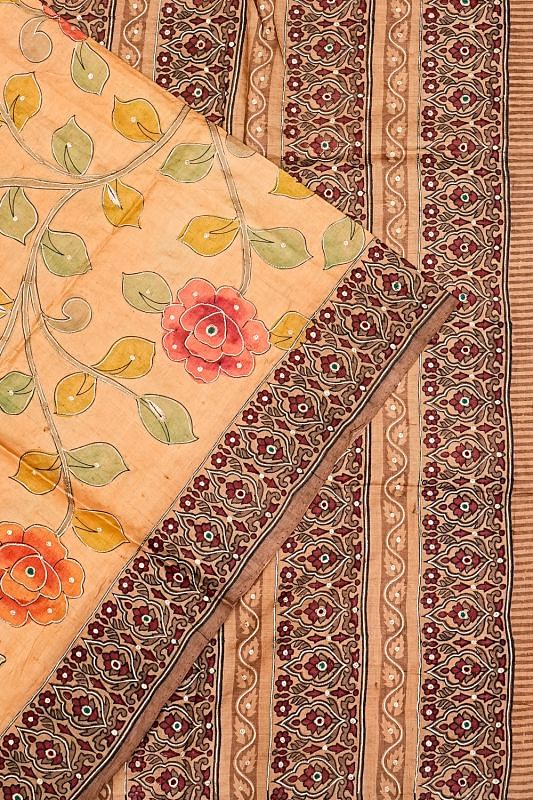 Tussar Floral Printed Beige Saree With Aari Embroidery Outlined