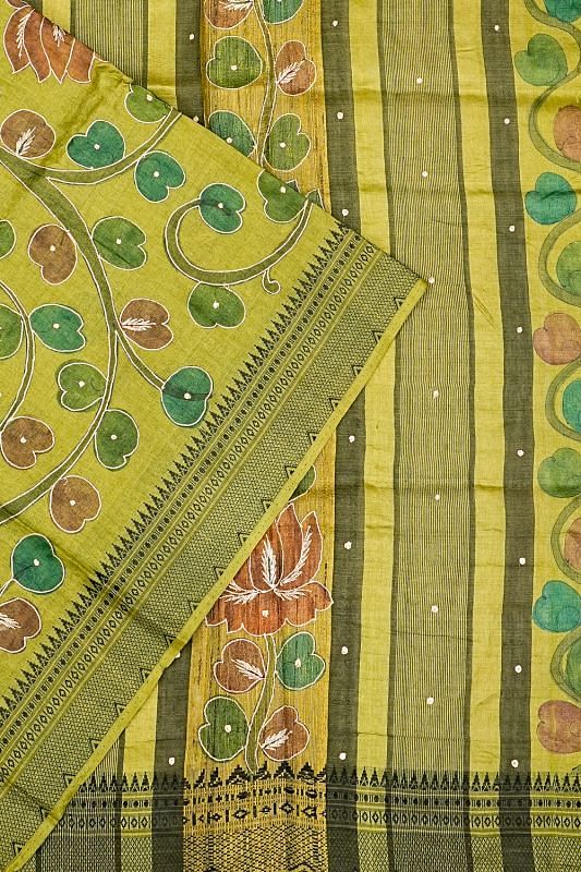 Tussar Floral Printed Green Saree With Aari Embroidery Outlined