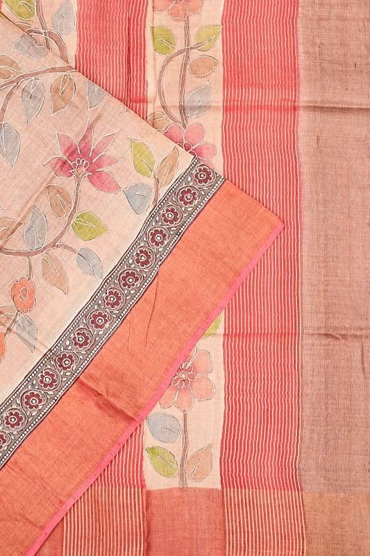 Tussar Floral Printed Peach Saree With Aari Embroidery Border