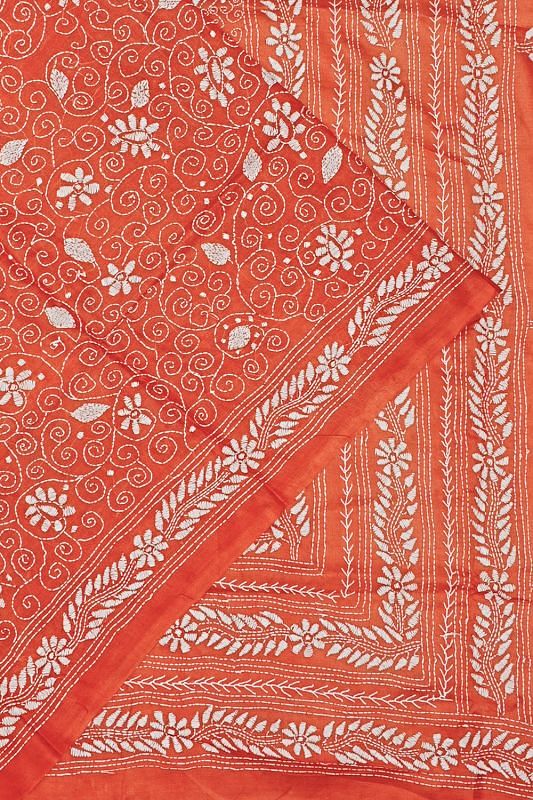 Tussar Kantha Embroidery Brick Red Saree