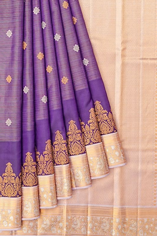 Kanchipuram Silk Horizontal Lines And Butta Purple Saree