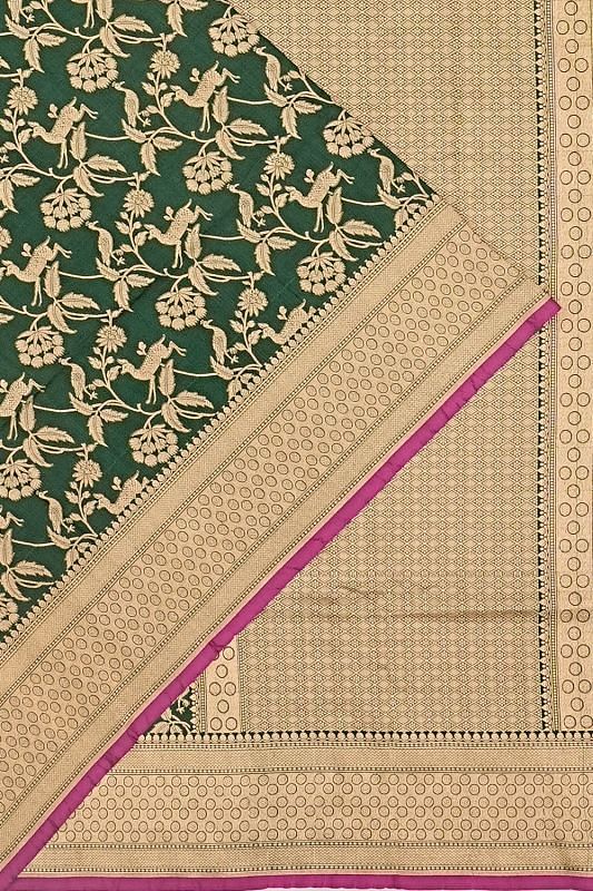 Banarasi Silk Shikargah Jaal Bottle Green Saree