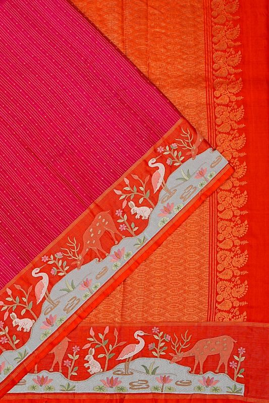 Kanchipuram Silk Vertical Lines And Butta Pink Saree With Embroidery