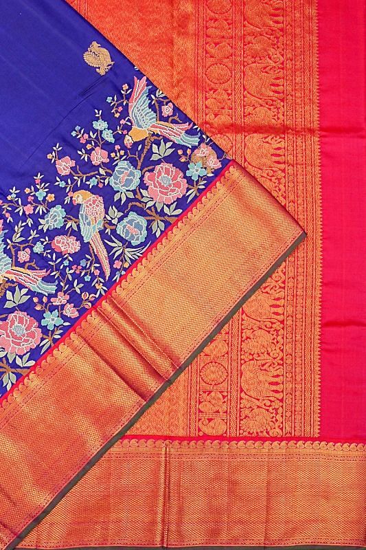 Kanchipuram Silk Butta Royal Blue Saree With Embroidery