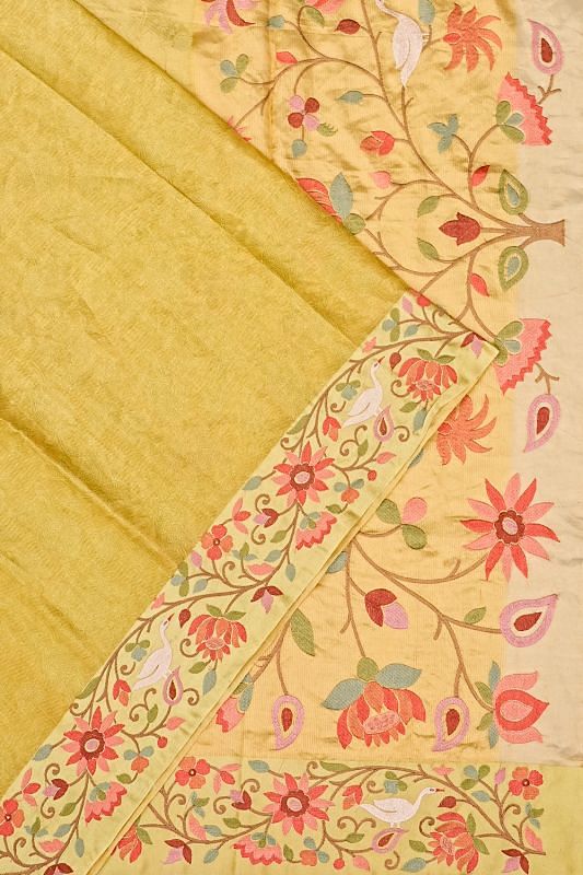 Kanchipuram Silk Tissue Jacquard Yellow Saree With Embroidery Border