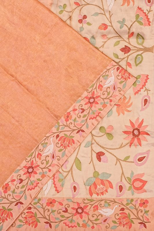 Kanchipuram Silk Tissue Jacquard Peach Saree With Embroidery Border