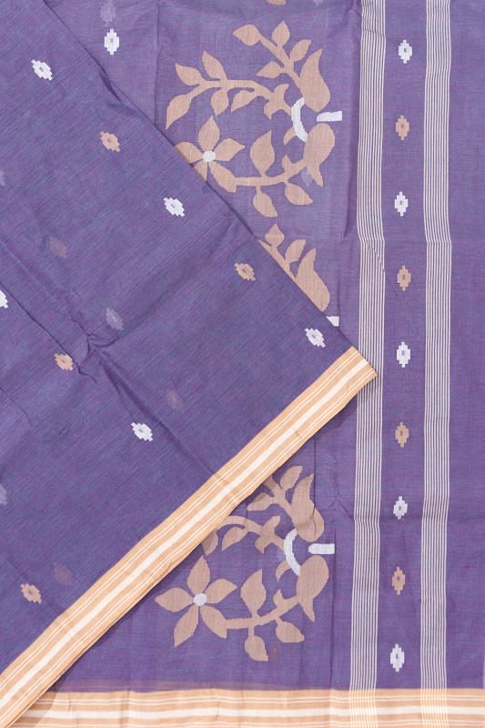 Dhakai Handspun Cotton Butta Blue Saree With Jamdani Pallu