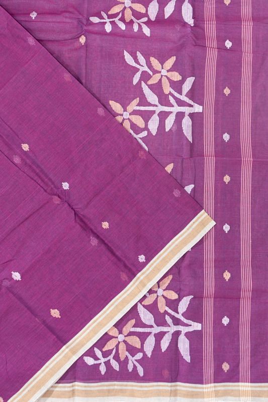 Dhakai Handspun Cotton Butta Purple Saree With Jamdani Pallu