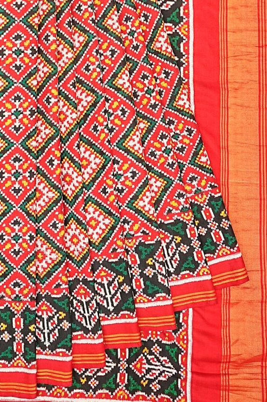 Patan Patola Silk Double Ikat Chokta Bhat Red Saree