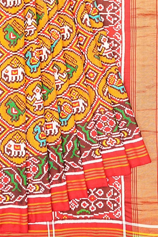 Patan Patola Silk Double Ikat 4 Figure Mustard Yellow Saree