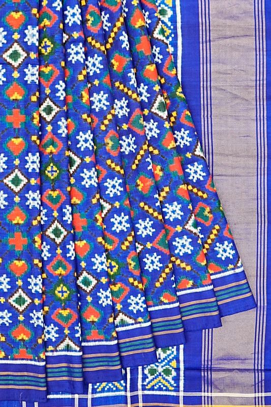 Patan Patola Silk Double Ikat Pan Bhat Blue Saree