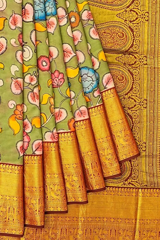 Taranga Kanchi Soft Silk Kalamkari Hand Painted Pista Green Saree