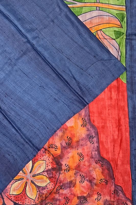 Tussar Floral Printed Blue Saree