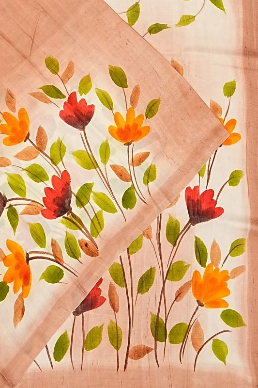 Tussar Floral Printed Peach And Cream Saree