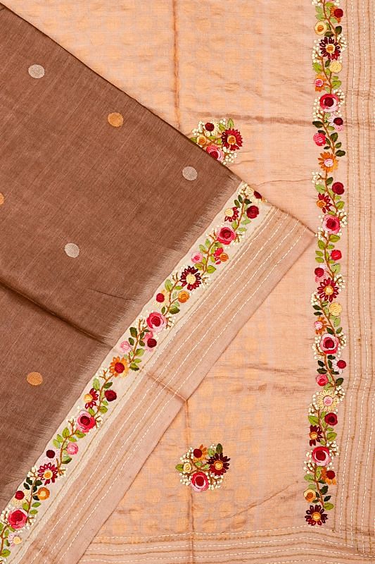 Tussar Butta Choco Brown Saree With Embroidery Border