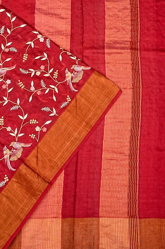 Tussar Floral Embroidery Brocade Maroon Saree