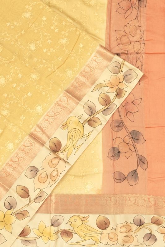 Chanderi Cotton Embroidery Jaal Yellow Saree With Handpainted Border