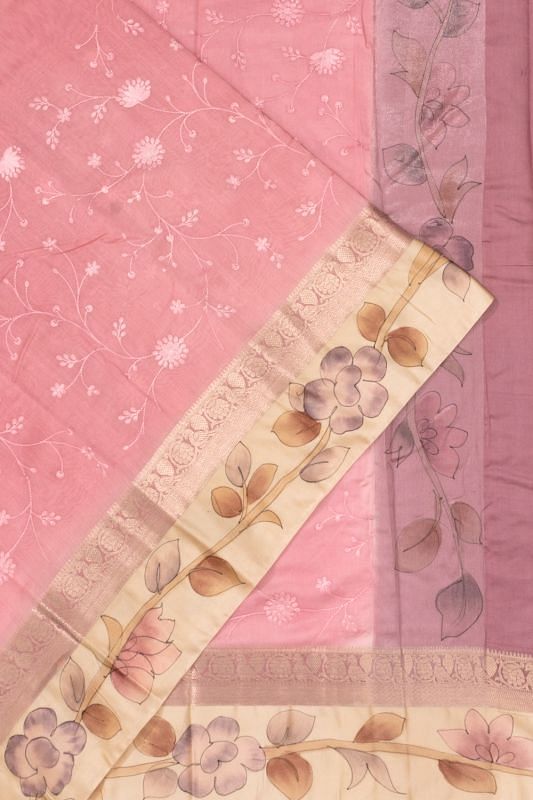 Chanderi Cotton Embroidery Jaal Pastel Pink Saree With Handpainted Border