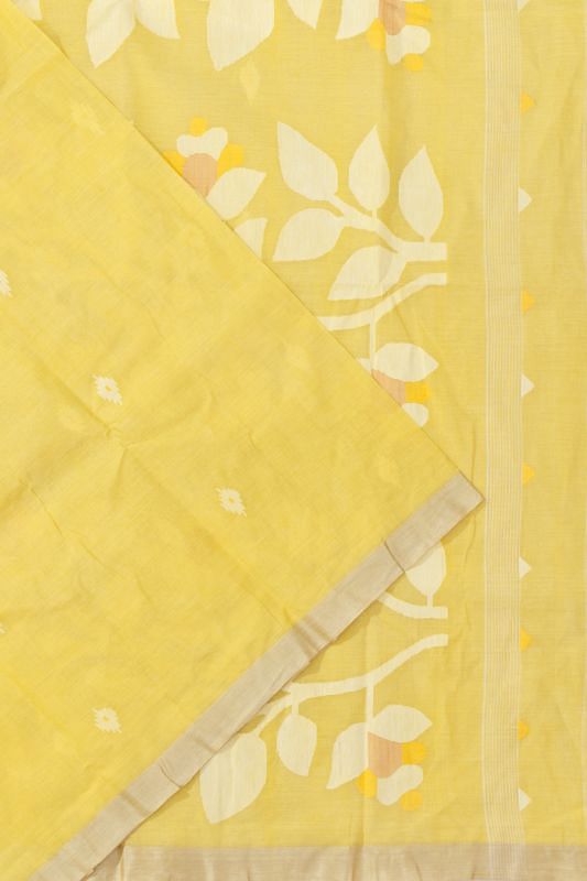 Dhakai Handspun Cotton Butta Lemon Yellow Saree With Jamdani Pallu