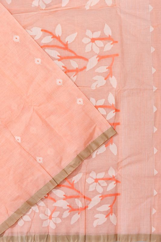 Dhakai Handspun Cotton Butta Peach Saree With Jamdani Pallu