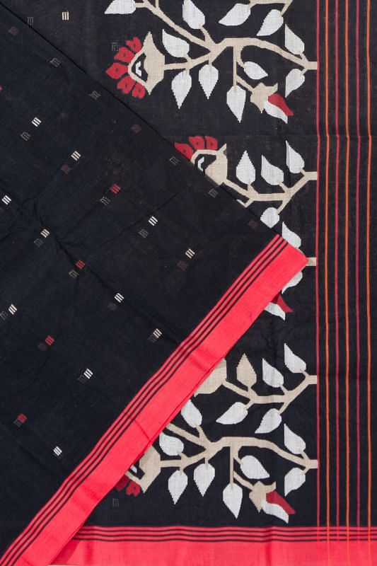 Dhakai Handspun Cotton Butta Black Saree With Jamdani Pallu