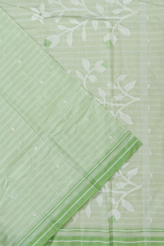 Dhakai Handspun Cotton Horizontal Lines And Butta Pastel Green Saree With Jamdani Pallu