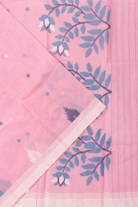 Dhakai Handspun Cotton Butta Baby Pink Saree With Jamdani Pallu