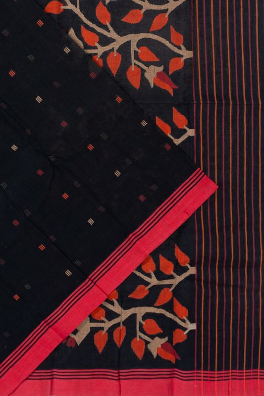 Dhakai Handspun Cotton Butta Black Saree With Jamdani Pallu