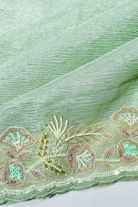 Organza Crushed Tissue Pastel Green Saree With Scallop Border | Kankatala