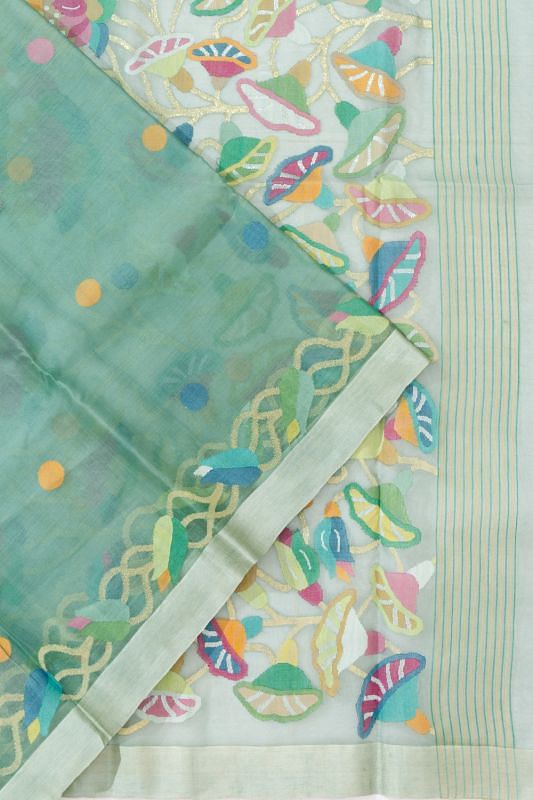 Dhakai Kora Organza Green Saree With Jamdani Butta And Pallu