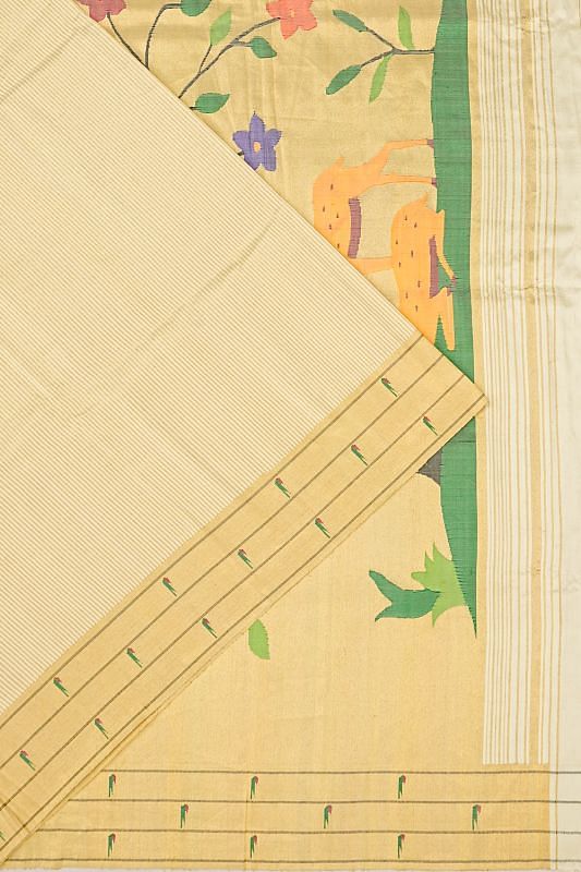 Paithani Silk Vertical Lines Gold Saree With Triple Muniya Border