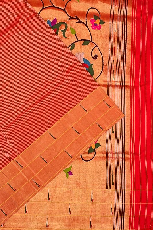 Paithani Silk Vertical Lines Red Saree With Triple Muniya Border