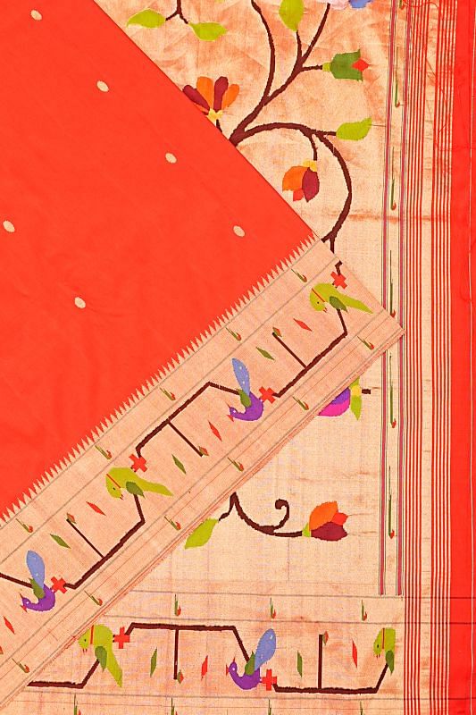 Paithani Silk Butta Red Saree With Akruthi Border