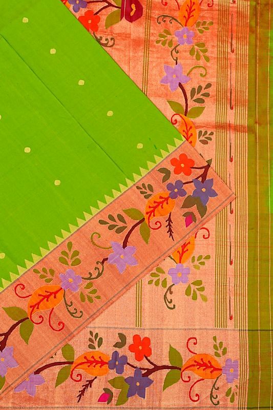 Paithani Silk Butta Parrot Green Saree