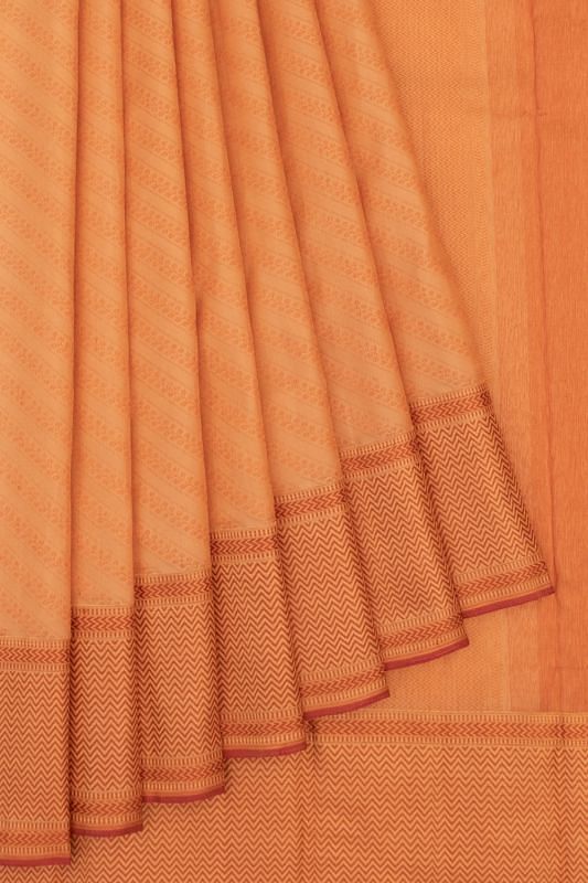 Kanchipuram Silk Threaded Diagonal Lines Pastel Orange Saree