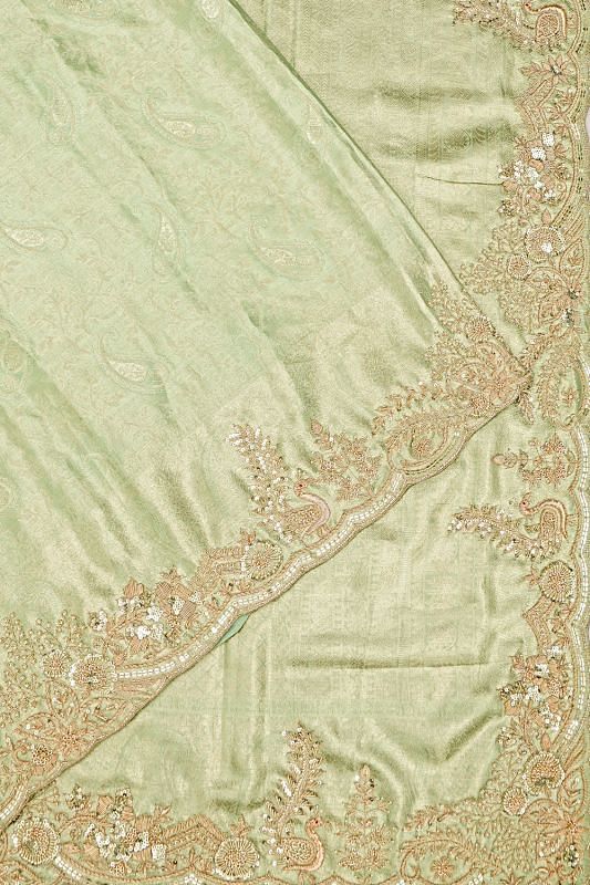 Kanchipuram Silk Tissue Brocade Pale Mint Green Saree With Zardosi Work Scallop Border