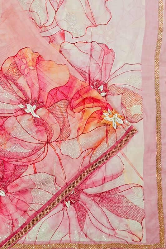 Organza Floral Printed Pink Saree With Sequin Work