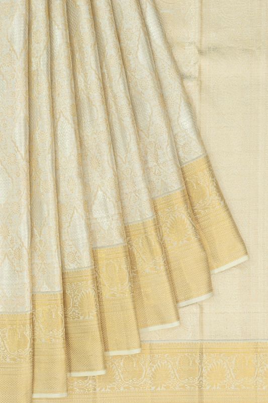 Kanchipuram Silk Tissue Brocade Silver Saree