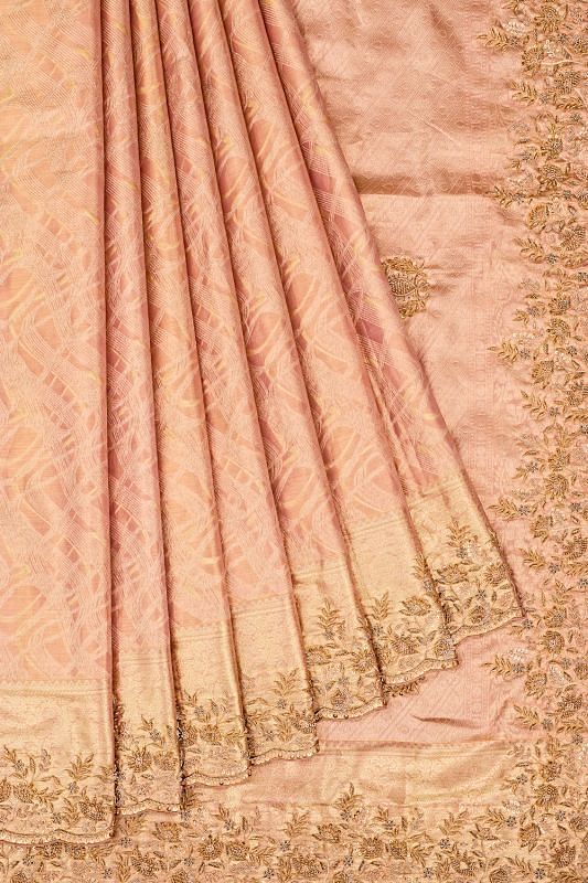 Kanchipuram Silk Tissue Brocade Pink Saree With Zardosi Work