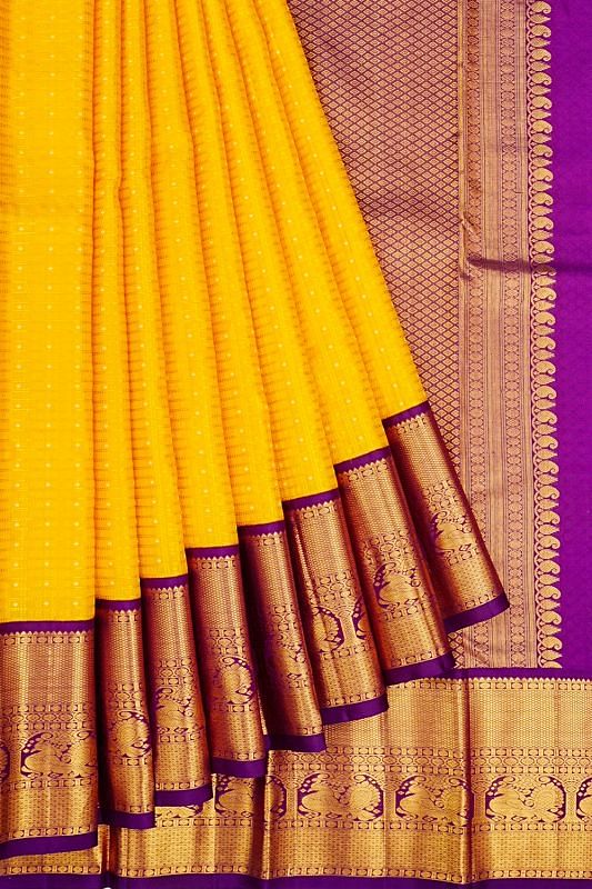 Kanchipuram Silk Checks And Butta Yellow Saree