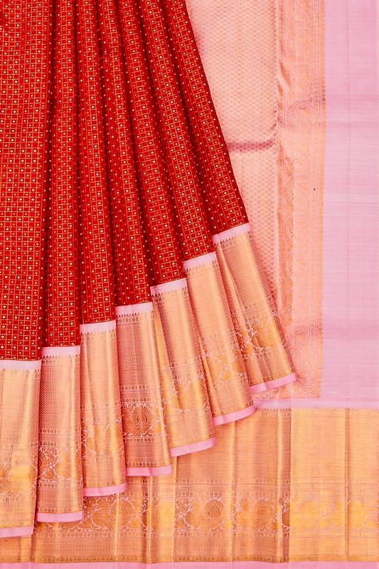 Kanchipuram Silk Checks And Butta Red Saree