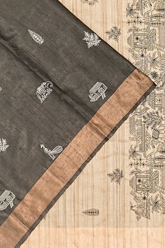 Tussar Butta Grey Saree With Warli Embroidery Pallu