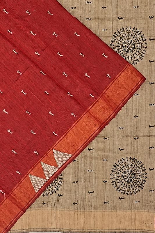 Tussar Butta Red Saree With Warli Embroidery Pallu