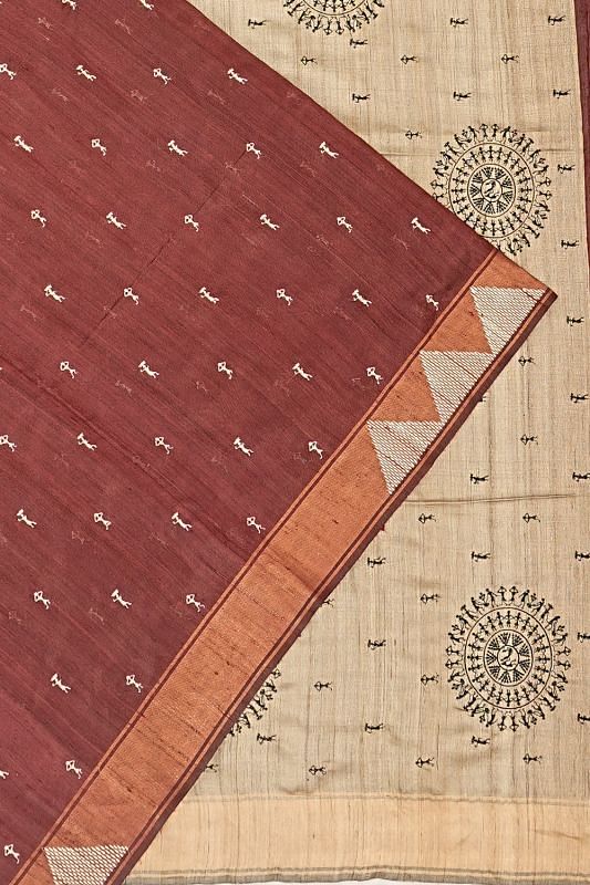 Tussar Butta Brown Saree With Warli Embroidery Pallu