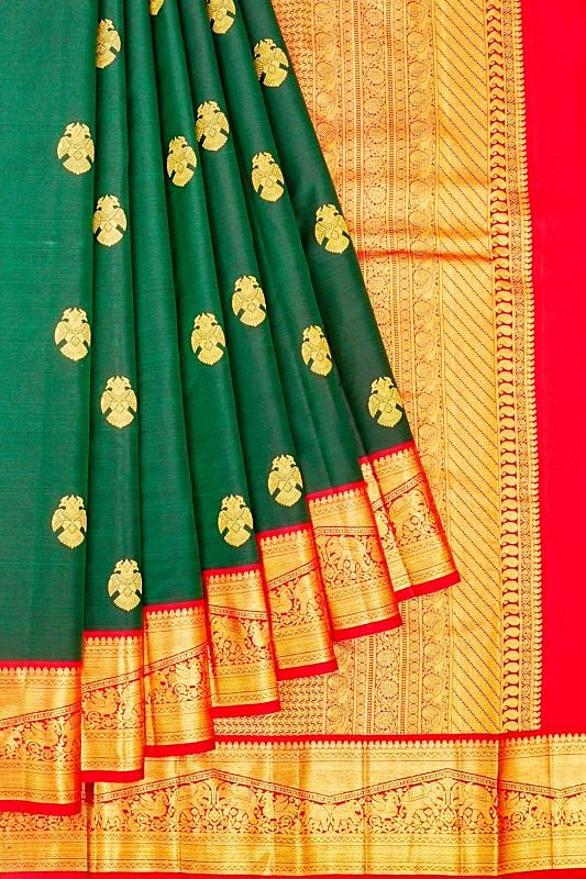 Kanchipuram Silk Butta Bottle Green Saree