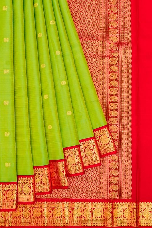 Kanchipuram Silk Butta Parrot Green Saree With Ganga Jamuna Border