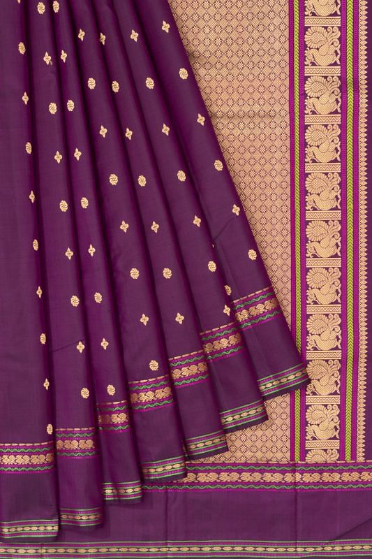 Classic Kanchipuram Silk Butta Purple Saree With Rettai Pettu Border