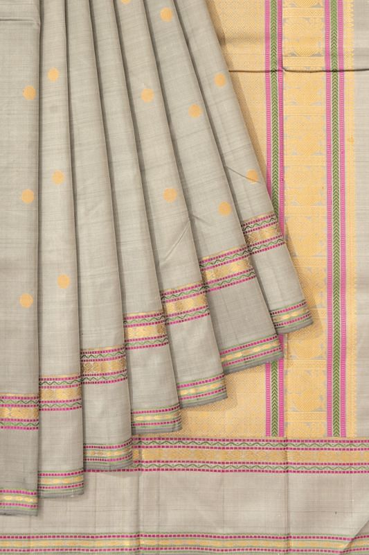 Classic Kanchipuram Silk Butta Pastel Grey Saree With Rettai Pettu Border